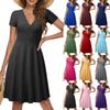 Women's  Casual Fasion Solid Color Cross V-neck Short-sleeve Waist A-line Big Swing Dress