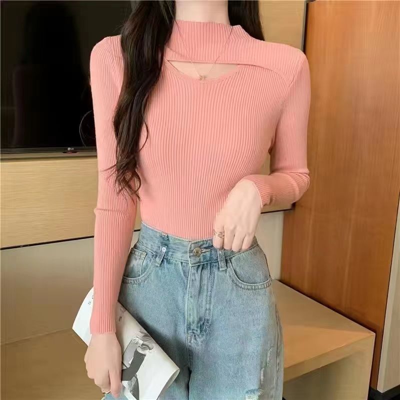 Winter Half Turtleneck Top Autumn Knitwear Spicy Girl Hollow Out Allmatch Slim Fit Long Sleeve Tshirt Base Top