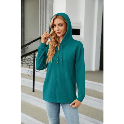 Весенне-осенняя женская толстовка, блузка, однотонная свободная толстовка с длинными рукавами и пуговицами с капюшоном