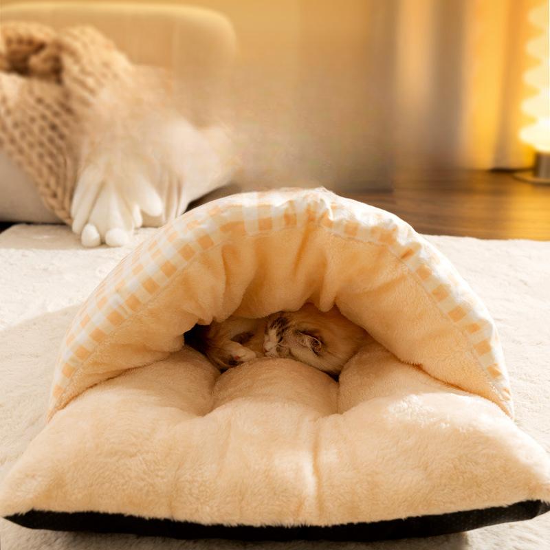 Спальный мешок для кошек с оранжевым полосатым кроликом контрастного цвета, полузакрытый с подушкой для защиты от холода и тепла, зимнее гнездо для кошек