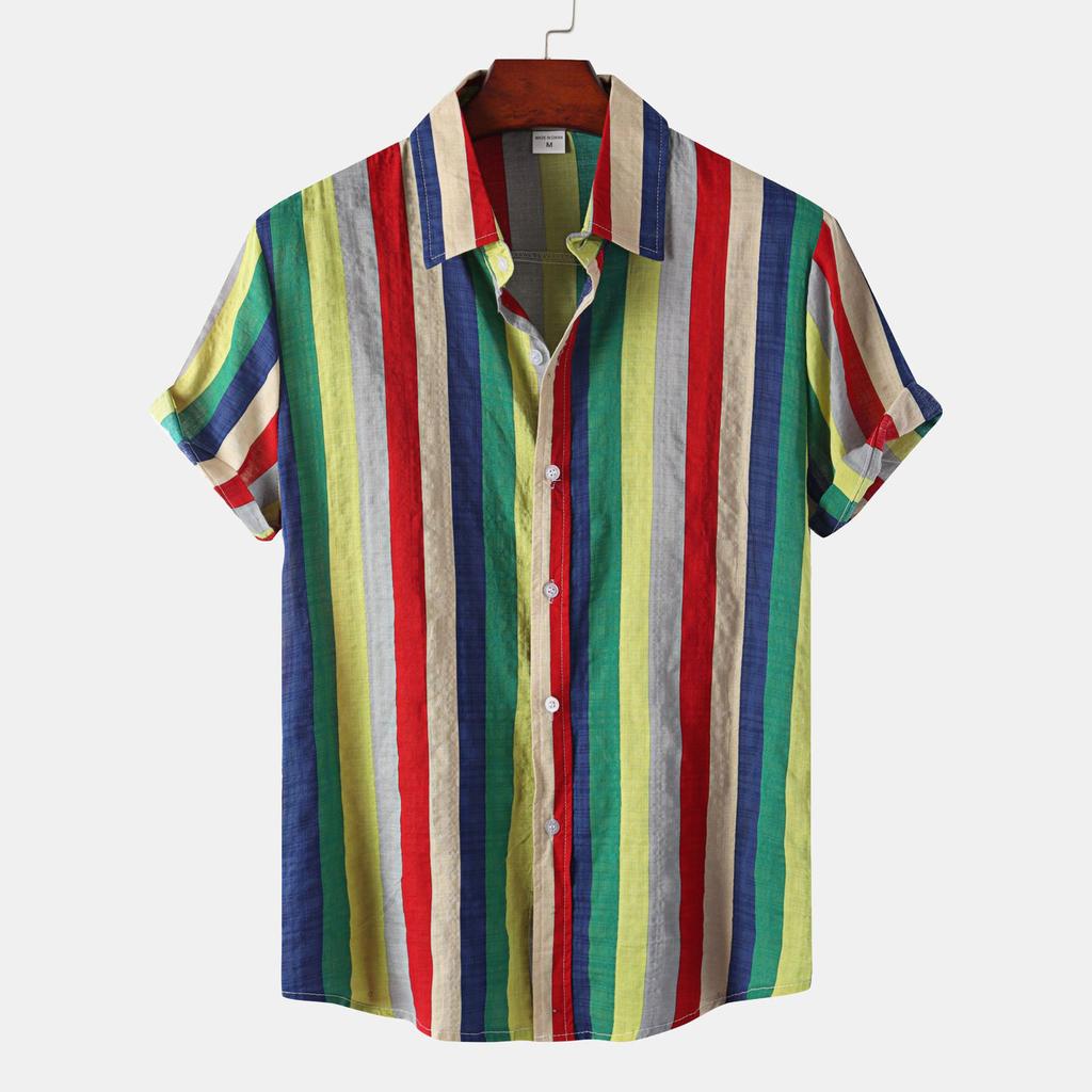 Men's Summer Casual Resort Striped Contrast Color Top Lapel Printed Short Sleeve Shirt
