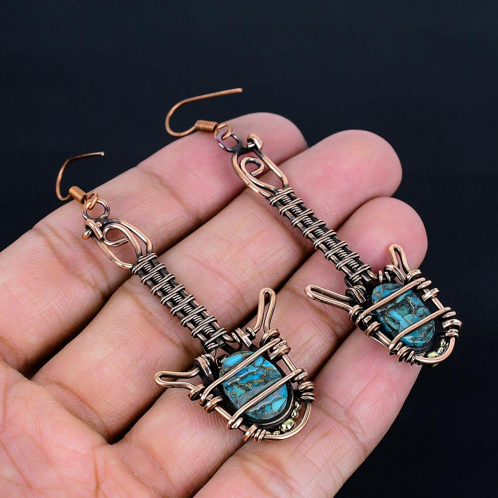 Серьги из голубой медной бирюзы ручной работы, обернутые медной проволокой 999 пробы, антикварные украшения, для подарка на помолвку