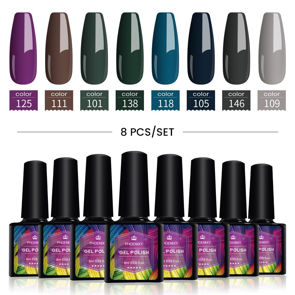 PHOENIXY 8 мл набор гель-лаков для ногтей 8 цветов УФ-гель-лак для ногтей стартовый набор Soak Off блестящий блестящий гель-лак для ногтей набор лаков для ногтей подарки маникюрный набор
