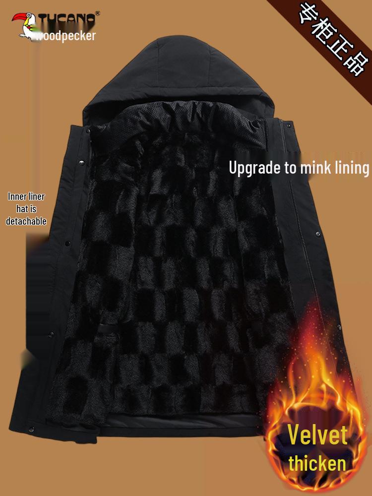 Мужская куртка Woodpecker Plus из бархата средней длины с капюшоном, съемной подкладкой, хлопковый зимний пальто для среднего и пожилого возраста