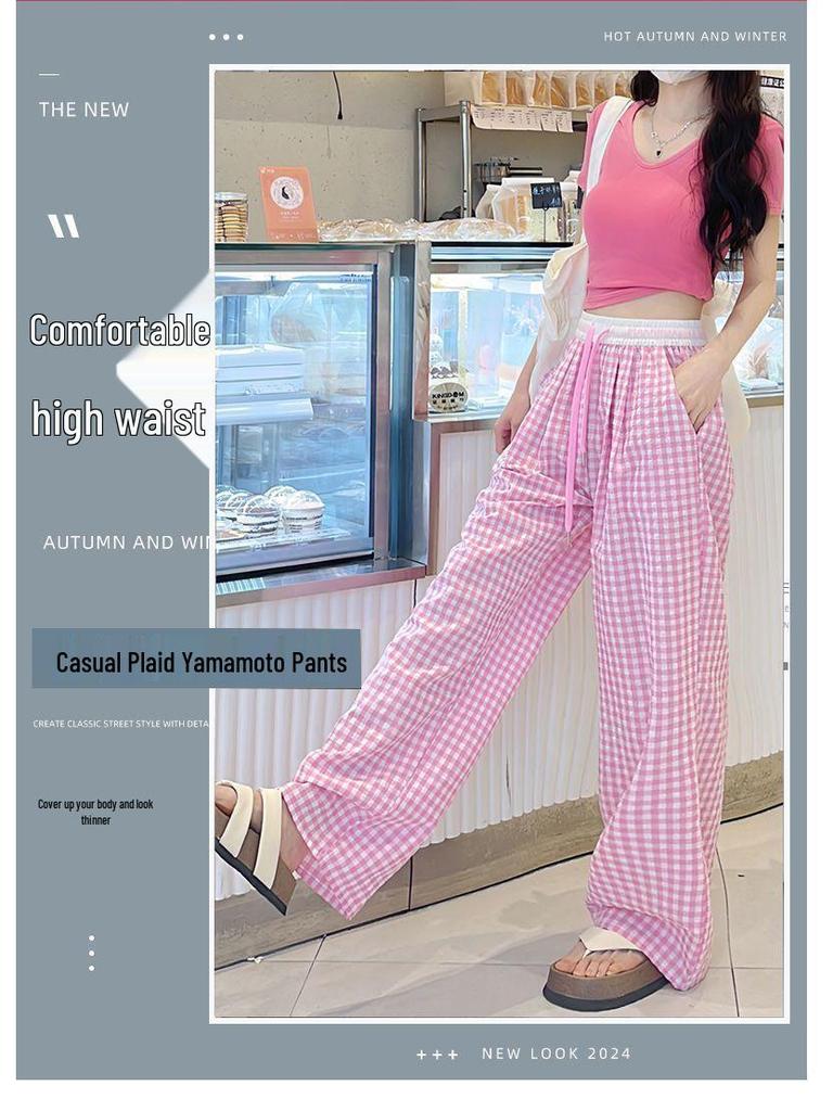 2025 Girls' Pink Plaid High-Waisted Loose Fit Yamamoto Pants: Retro Wide-Leg for Spring/Summer
