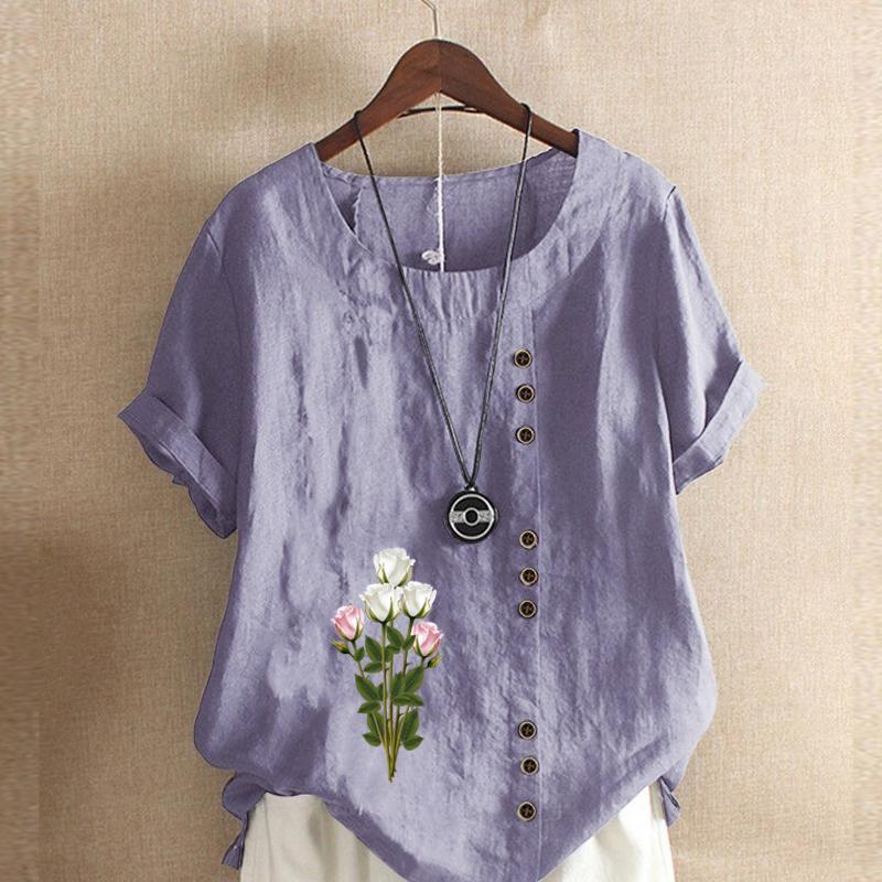 Women's Fashion Round Neck Short Sleeve T-shirt Casual Cotton Linen Graphic Shirt Leisure Loose Flowers Prined Summer Blouse Tops