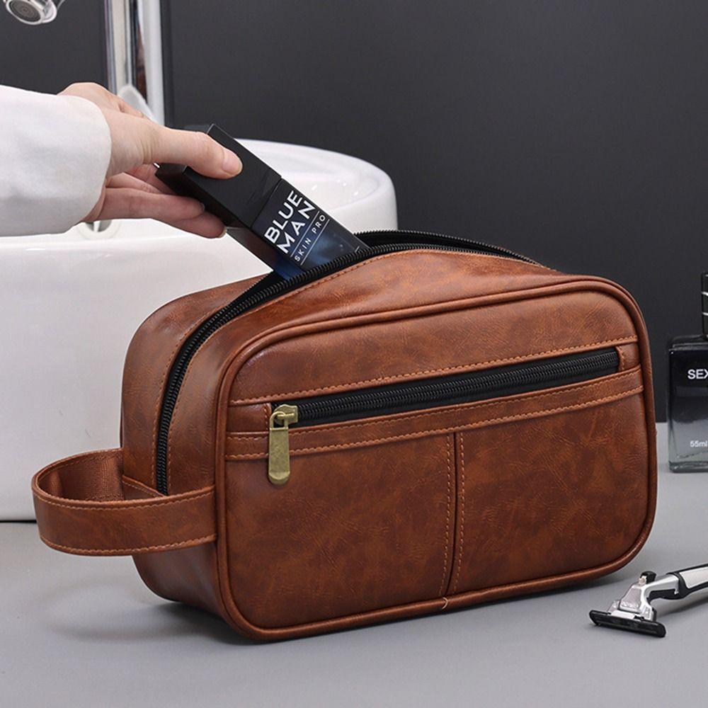 Multi Pocket Cosmetic Storage Bag Retro Travel Toiletry Bag Men Leather Wash Bag  Business Trips