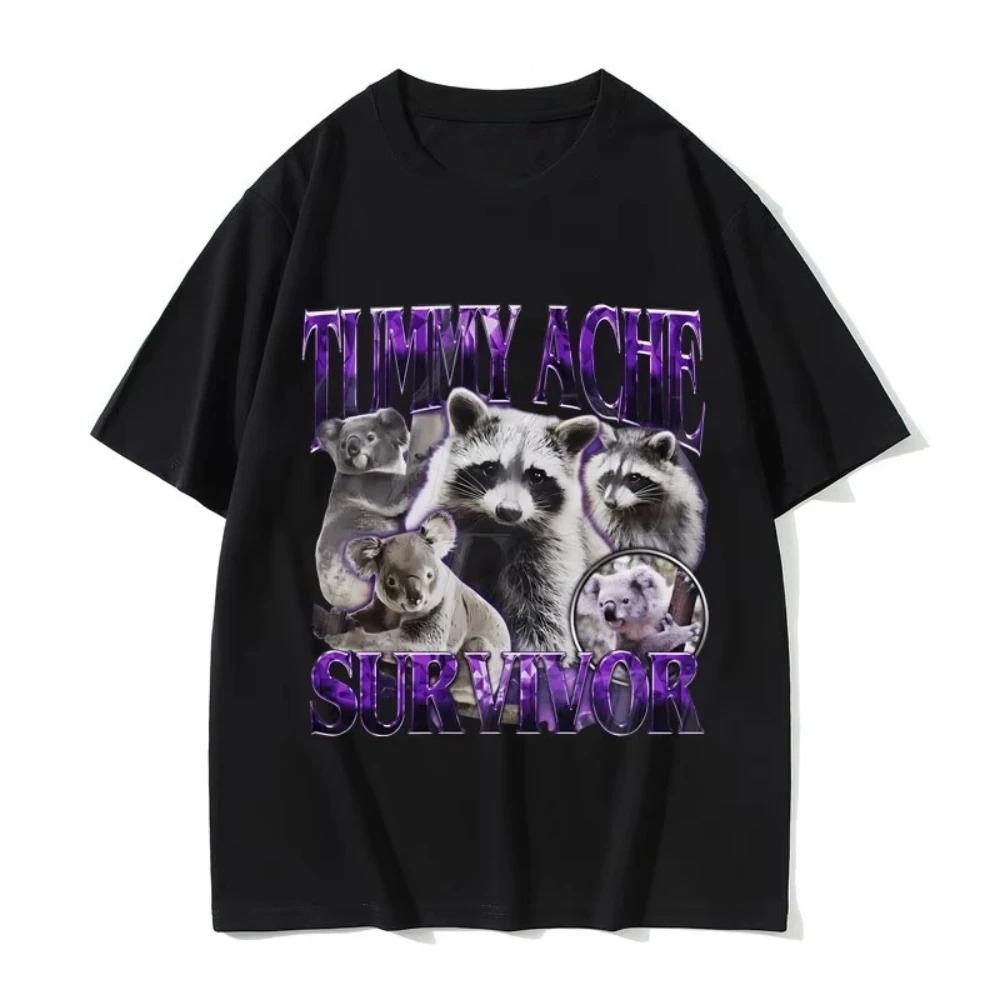 Tummy Ache Survivor Vintage Raccoon Funny Meme Tshirts Women Casual Oversized Streetwear Women Vintage Short Sleeve graphic Y2K