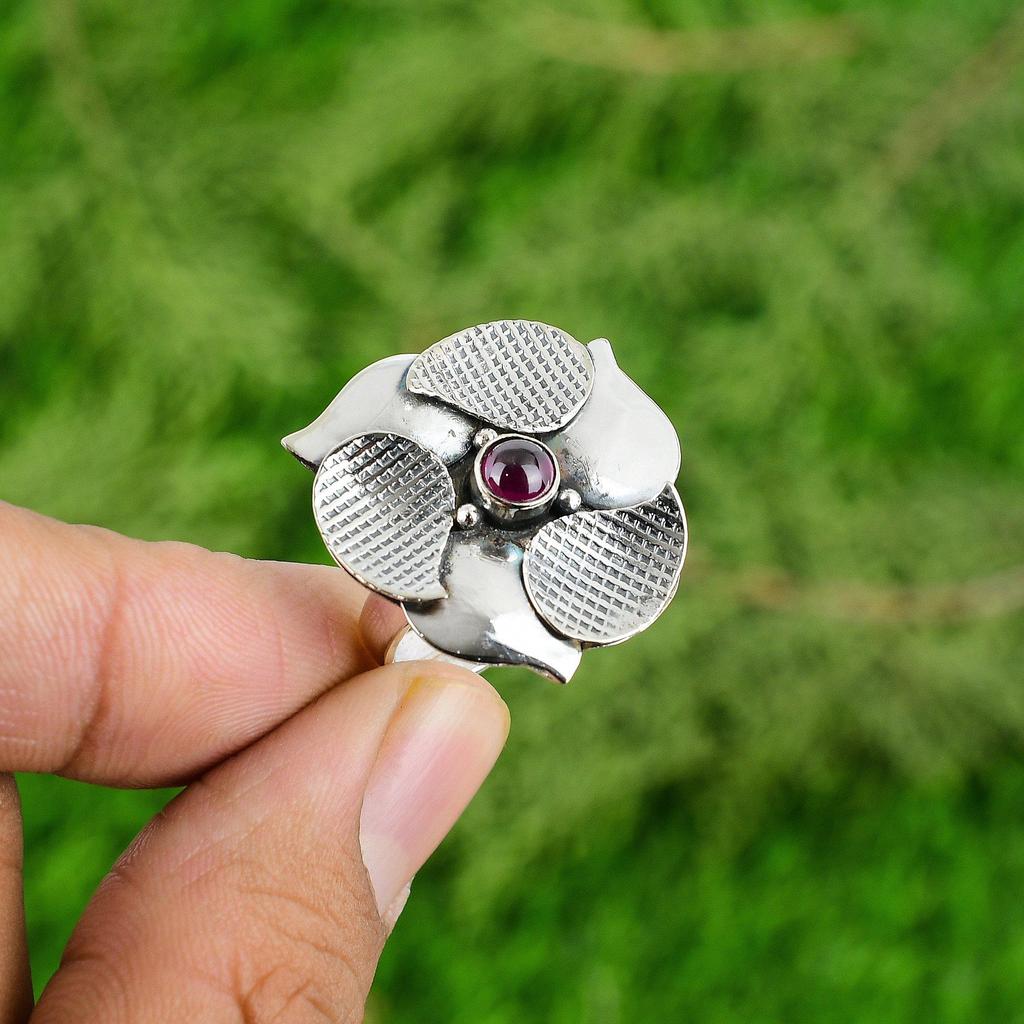 Gift For Her 925 Silver Natural Pink Tourmaline Stackable Flower Adjustable Ring