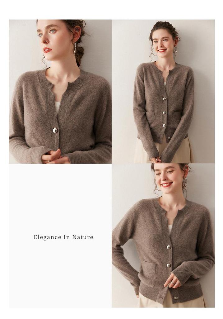 Round Neck Loose Cashmere Cardigan: Women's Long Sleeve Knit Sweater with Pockets - Autumn/Winter Outerwear.