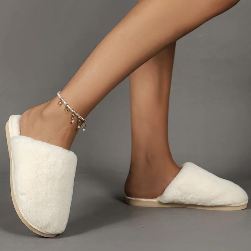 2024 Soft Sole Home Plush Slippers Autumn Winter Indoor Anti-slip Cotton Slides White Furry Bedroom Flip Flops Plus Size 42-43