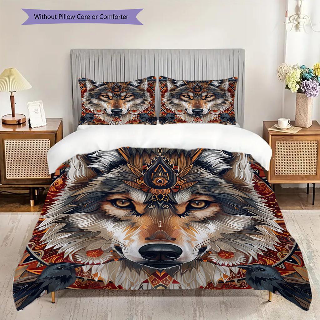 Primitive Wolf Pattern Bedding Quilt Set Quilt Cover Pillowcase Home Decoration Birthday Gift (1 * duvet cover + 2 * pillowcase, without core)