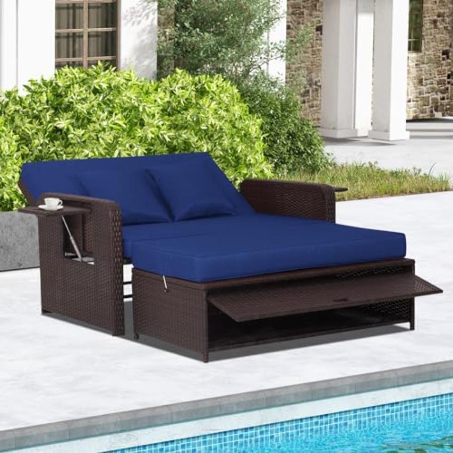 Садовая кушетка, комплект диван- loveseat из ротанга с регулируемой спинкой в 4 положениях, пуф для хранения, подушки, двойная кровать-шезлонг из ротанга