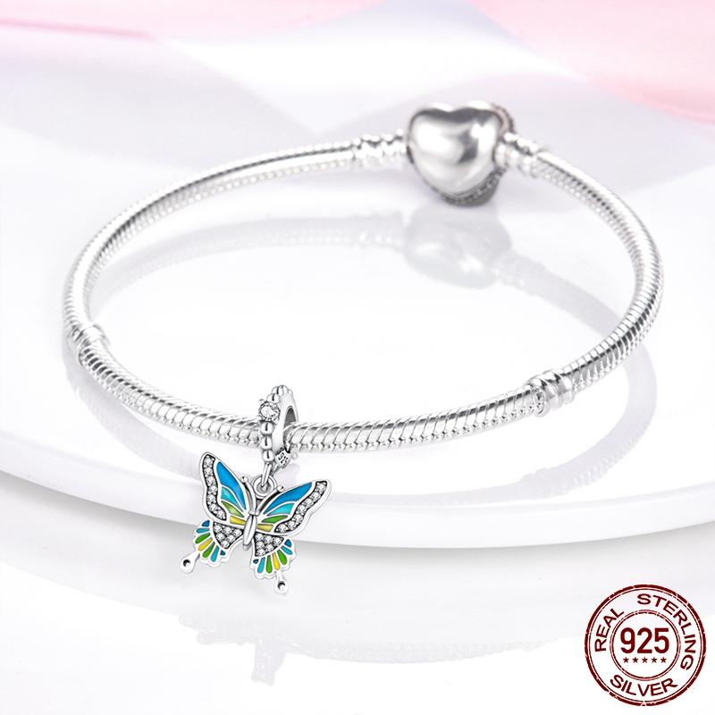 Стерлингового Серебра 925 Эмаль Бабочка Висячие Подвески Подходит Модный Браслет Из Бусин Оригинальные Подвески "сделай сам" 925 Серебряные Ювелирные Изделия