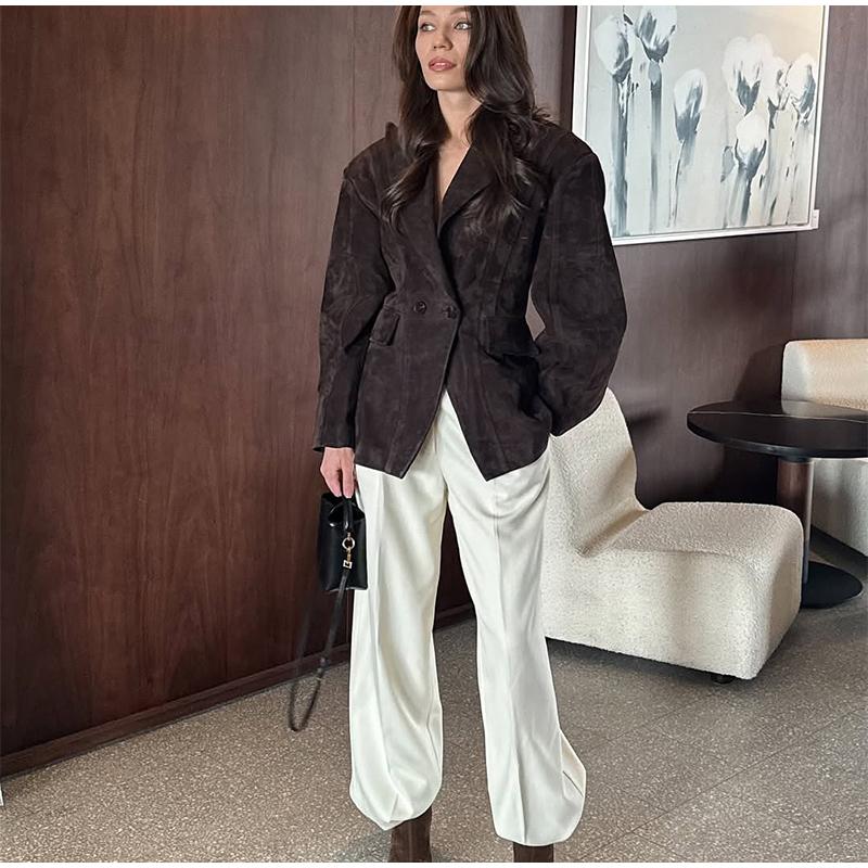 Темно-коричневая замшевая куртка с лацканами женская теплая с длинным рукавом повседневная верхняя одежда ретро британский стиль темпераментная куртка осень 2025