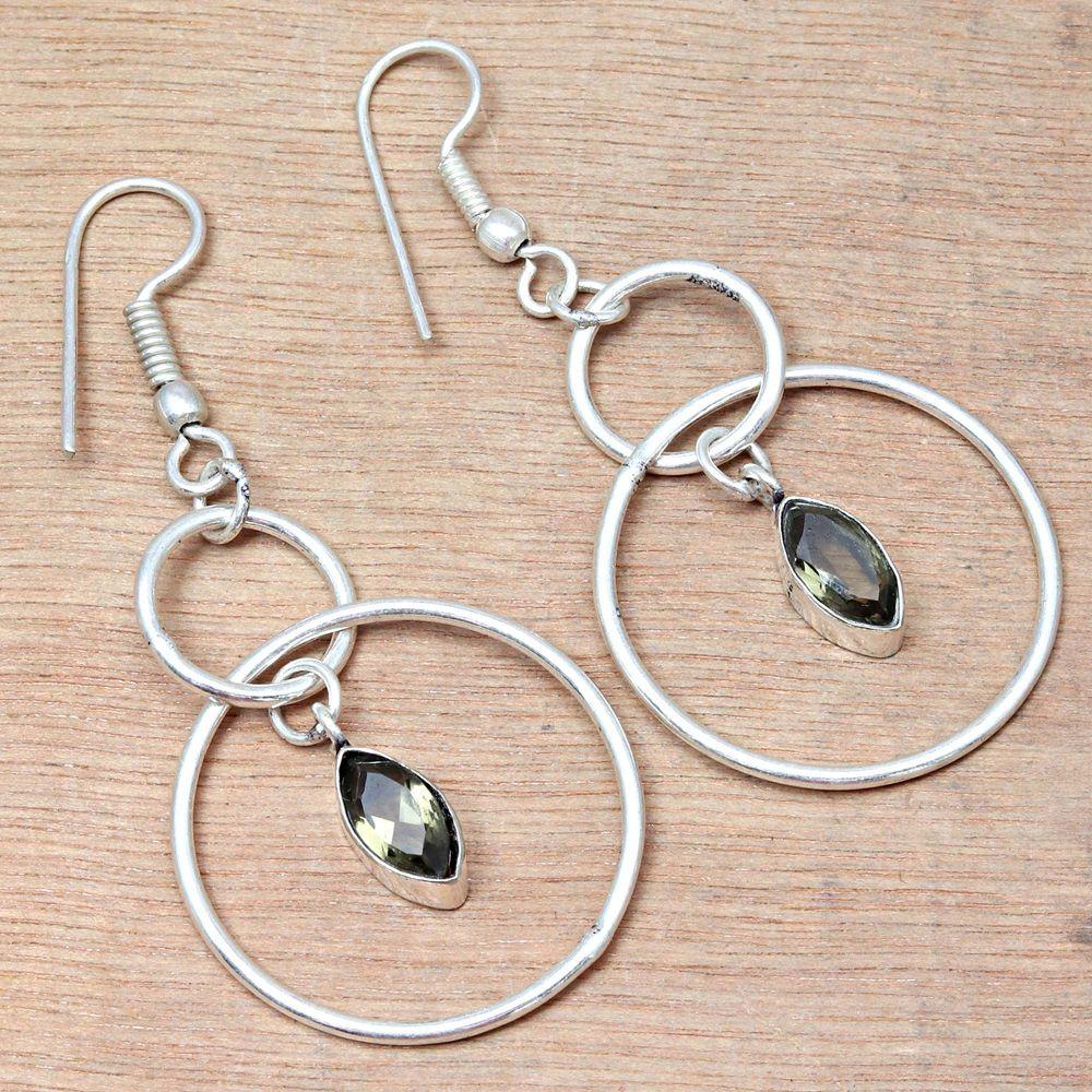 Smoky Quartz Gemstone Handmade Silver Jewelry Earrings 1.5''