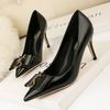 Elegant Metal Buckle Show Thin Women's Sandals Solid Patent Leather Pointed Toe Fashion Brand High Heels Women Shoes