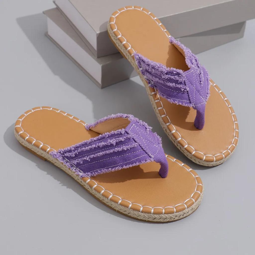 Мода 2024 года, женские модные тапочки, удобные пляжные шлепанцы, летние новые повседневные туфли на плоской подошве с мягкой подошвой, сплошные плюшевые кромки, парусиновые женские шлепанцы