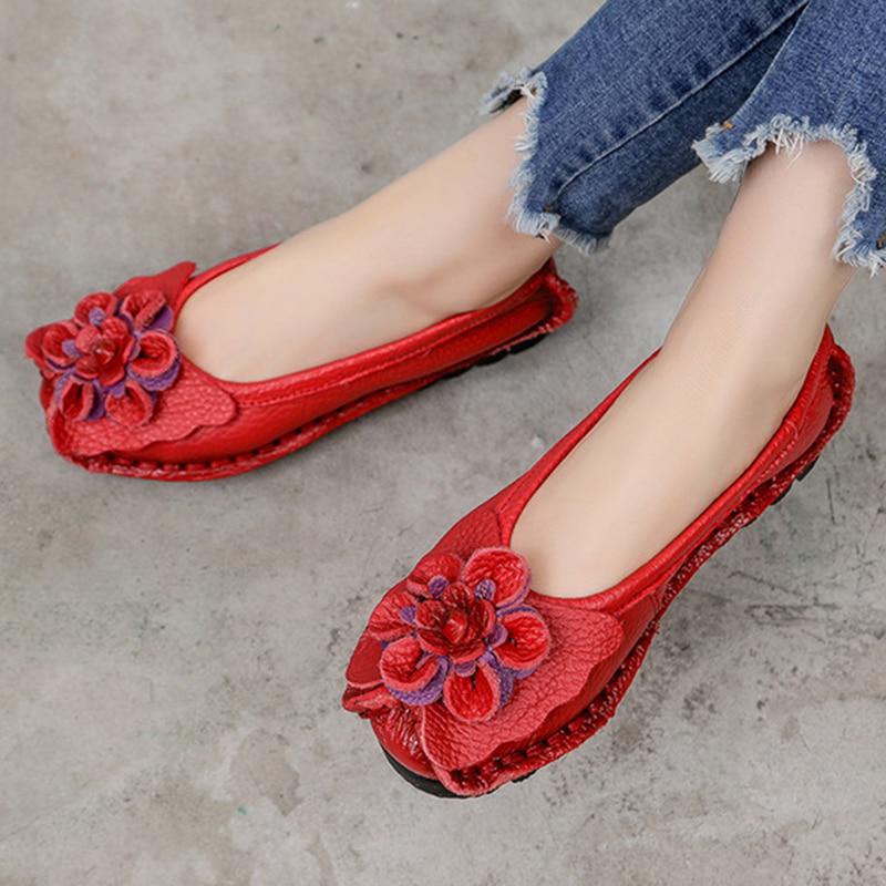 Women Loafers Genuine Split Leather Flat Heels Flower Round Toe Soft Solid Sandals Platform Ladies Shoes