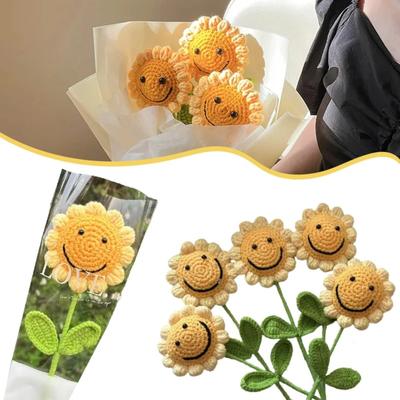 Ручная работа DIY Шерстяной Вязаный Крючком Смайлик Подсолнух Одна Ветка Букет Цветов Украшение Декорации Реквизит для Фотографии