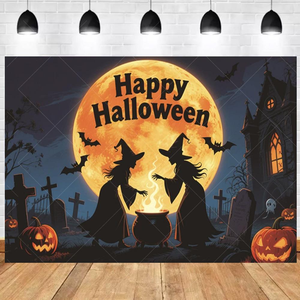 Halloween Party Background Cloth Horror Castle Moon Cemetery Skull Blood Palm Print Pumpkin Witch Wall Decoration backdrop Photo