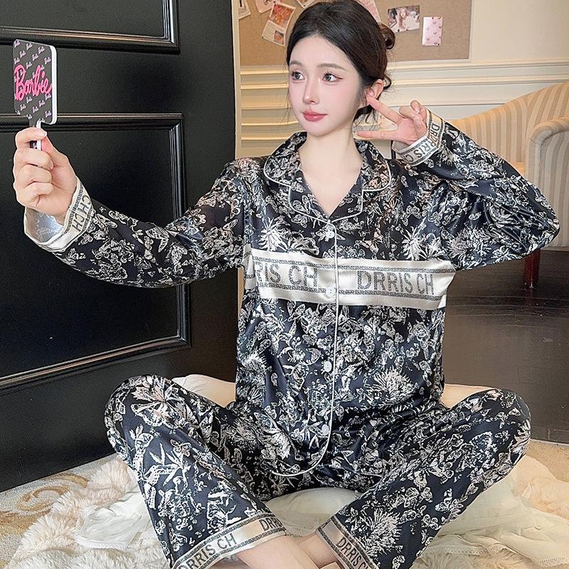 Solid color lace splicing silky suit pajamas women's long-sleeved trousers two-piece set of high-end ice silk loungewear