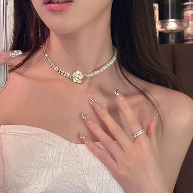Camellia Necklace Pearl For Women Clavicle Chain Vintage Summer Woman Necklace Stylish Simplicity Jewelry
