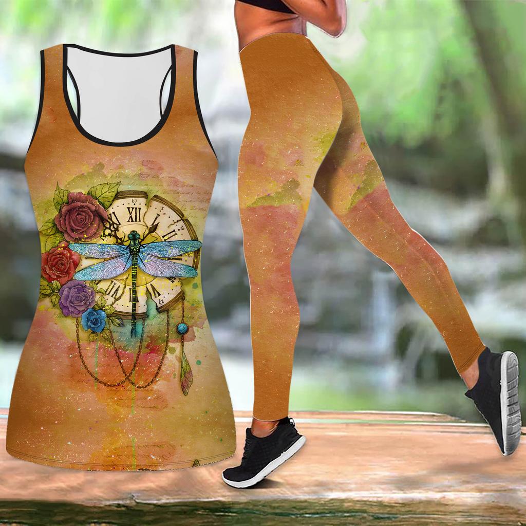 Часы Стрекоза Принт Йога Костюм для Женщин Модные Леггинсы Для Тренировок Фитнес Спорт Повседневный Комплект Йоги Спортивный Костюм