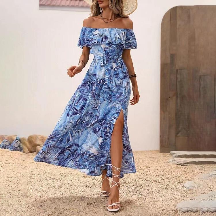 Women Summer Casual One Shoulder Sleeveless Flower Print Dress High Waist A-Line Belt Slit Ankle-Length Collar Dresses Spring