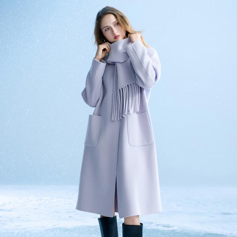 Sancai Women's 100% Merino Wool Double-Faced Winter Coat with Scarf