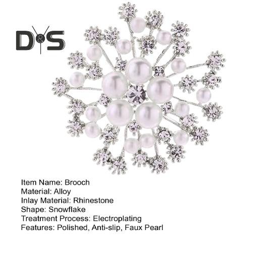 Women Brooch Snowflake Shape Rhinestone Faux Pearl Decor Anti-slip Wear-resistant Suit Coat Collar Hat Scarf Decoration Clothes Pin Prom Party