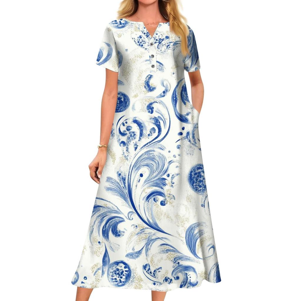 Женское летнее платье свободного кроя с принтом, V-образным вырезом и короткими рукавами