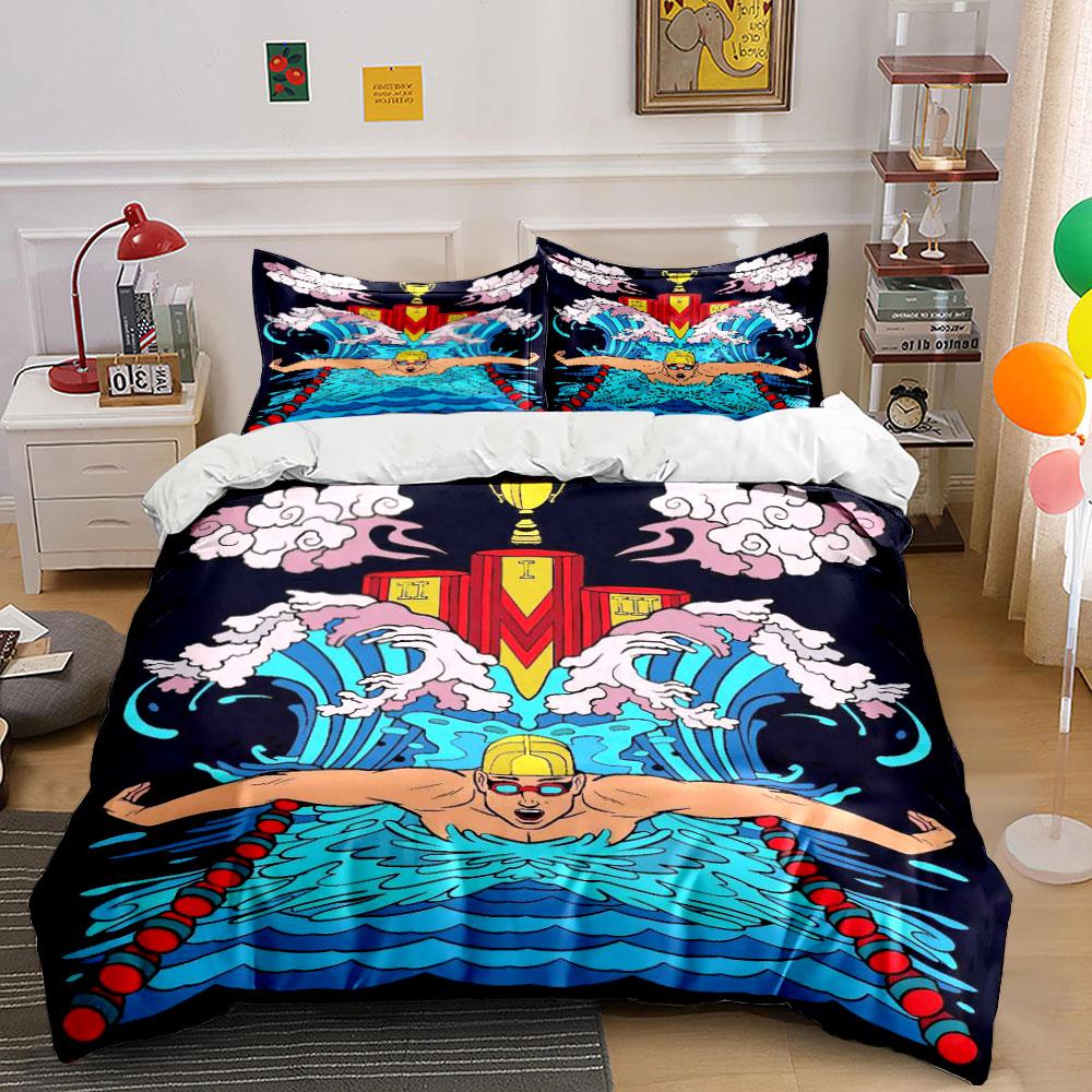 Swimmer, waves, clouds, trophy. Bedding sets Duvet cover sets Duvet covers Pillowcases(1*Duvet Cover 2*Pillowcases without duvet insert)