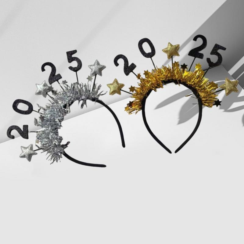 Украшение на Новый год 2025 г., блестящая повязка на голову с золотыми и серебряными звездами и пайетками, реквизит для фотосессии в канун Нового года, рождественская новогодняя вечеринка