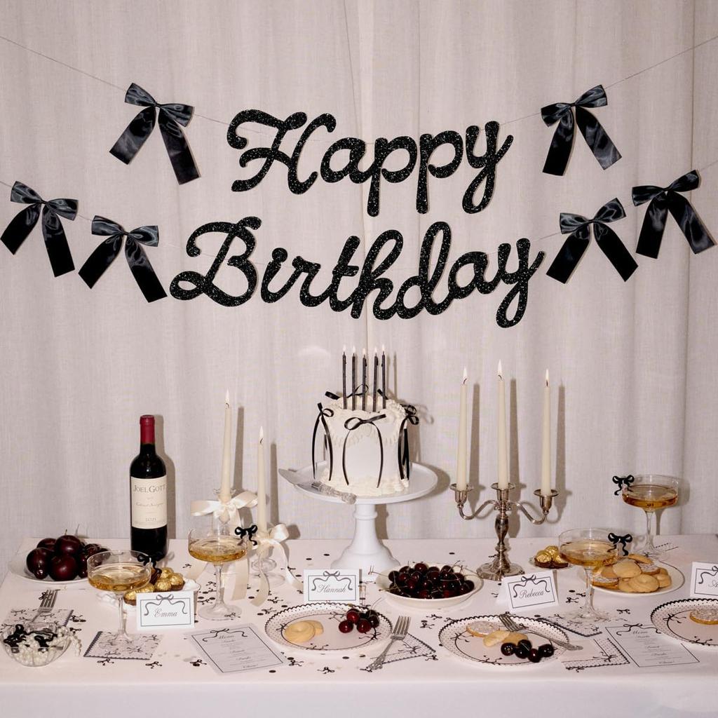 xo, Fetti Happy Birthday Banner, Black Glitter + Satin Bows - 5.5 Ft. | Birthday Decorations, Coquette Bday Decor, 30th Party Sign, 21st Photo Booth