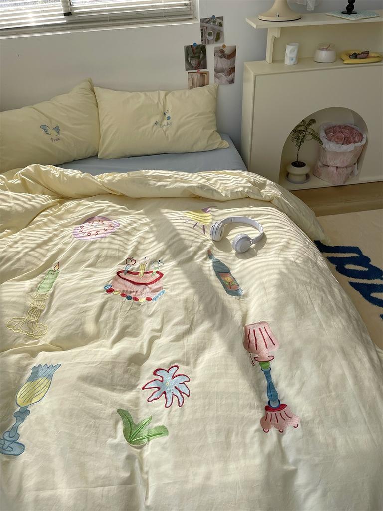 Стираный хлопок с вышивкой «девчачье сердце» из чистого хлопка, комплект из четырех предметов из стираного хлопка, простыня из чистого хлопка, пододеяльник