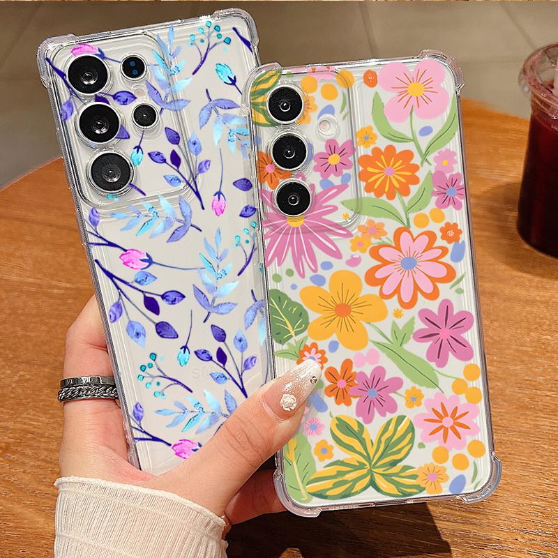 Чехол для телефона с узором из мультяшных цветов для Samsung Galaxy S26 S25 S24 S23 Ultra S22 Plus S21 S24 S25 FE Прозрачный Ударопрочный Мягкий Чехол
