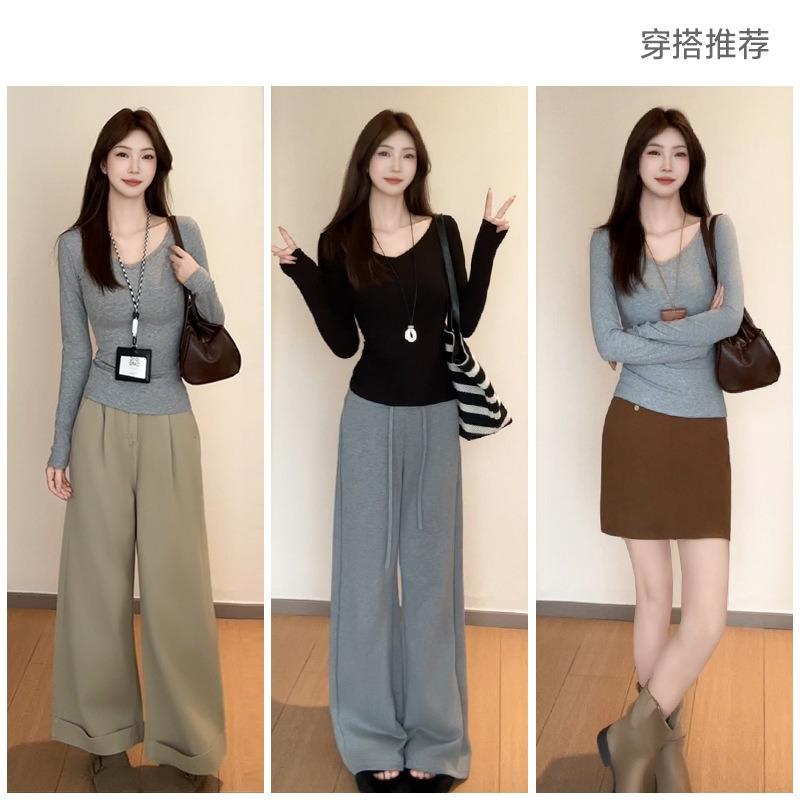 Women S Gray V Neck Long Sleeve Fitted Inner Top For Spring Autumn
