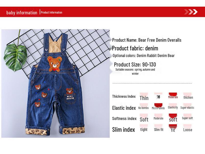 Children's Cartoon Five Bears & Rabbits Denim Overalls for Spring/Autumn