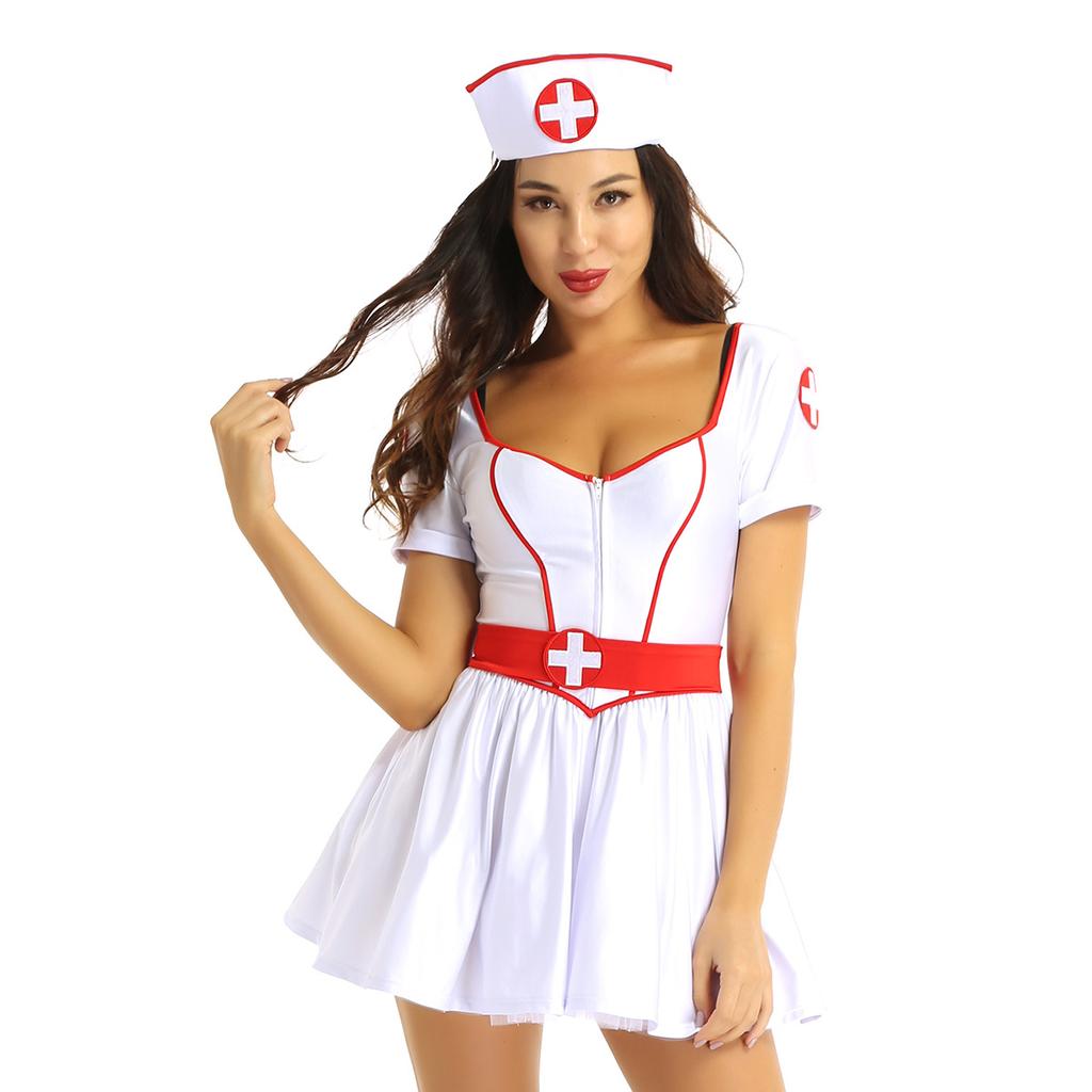 Women's Nurse Cosplay Costume Uniform Short Sleeve Dress with Headband and Belt Halloween Outfit
