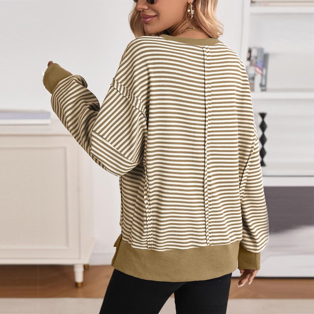 Женский лонгслив с круглым вырезом, в полоску, универсальный, повседневный, свободный