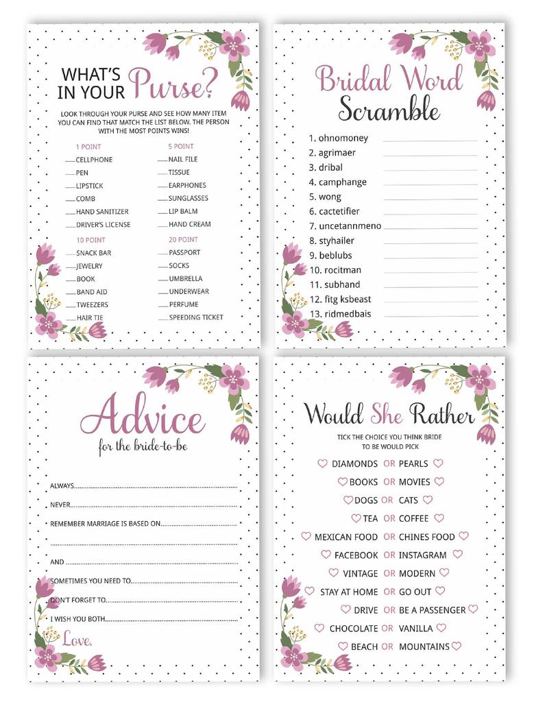 Inkdotpot Floral Bridal Shower Games Set Of 4(50 Sheets Each) W   Miss To Mrs Gold Banner Fun Bachelorette Party Games Set