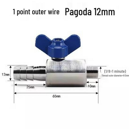 304 Stainless Steel Mini Ball Valve with Butterfly Handle, Internal/External Threads, High Pressure, 4-Way Pagoda Tube Connector.