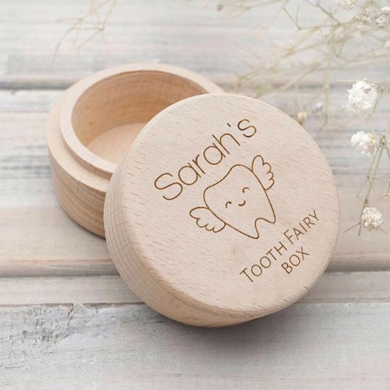 Коробочка для молочных зубов Деревянная круглая Коробка для хранения молочных зубов Футляр для хранения детских зубов Подарок на день рождения, крестины для мальчиков и девочек