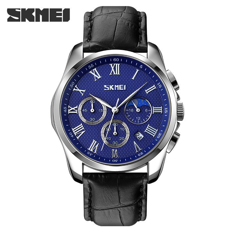 Модные деловые мужские кварцевые часы 9260 многофункциональные дата фазы Луны кожаные классические водонепроницаемые часы