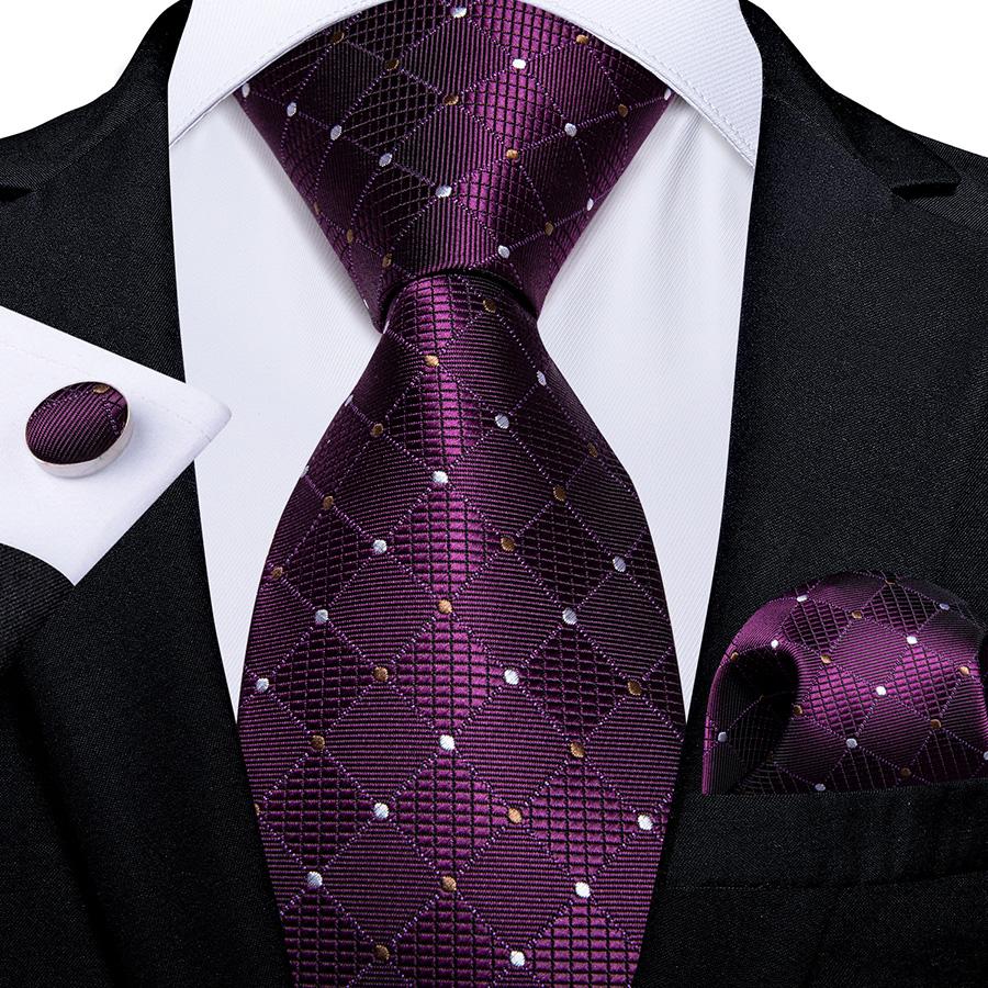 Mens Purple Necktie with Tie Clip Business Paisley Silk Tie Hanky Cufflink Set for Party Dibangu