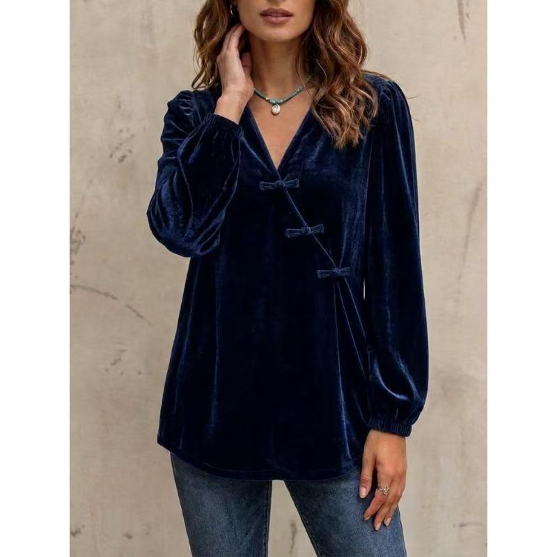 Women S Casual Fashion Velvet Long Sleeve V Neck Shirt