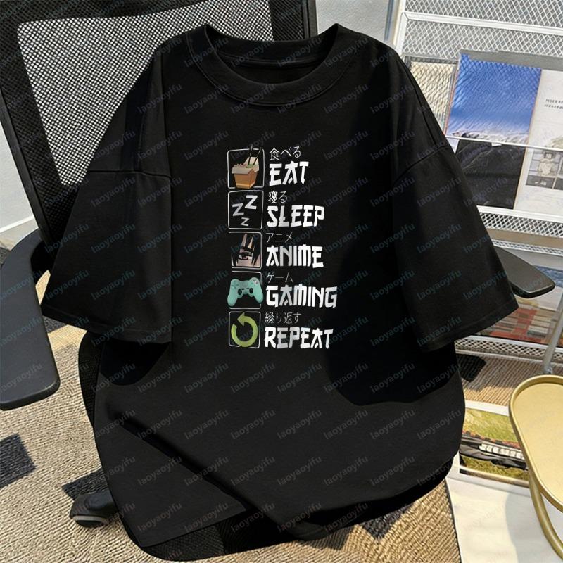 Eat Sleep Anime Gaming Repeat Pattern Funny Tops Anime Otaku Gift Retro Tee Creative Trend Casual Style Camisetas Shirt for Men