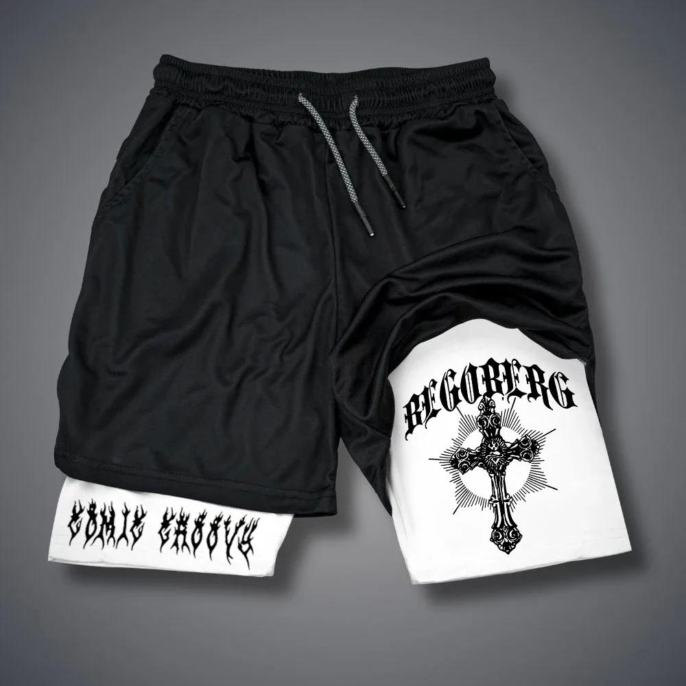 Men 2 In 1 Sports Shorts Gothic Pattern Short Pants Fitness Running Pant Sportswear Casual Shorts Summer Drawstring Jogging Pant