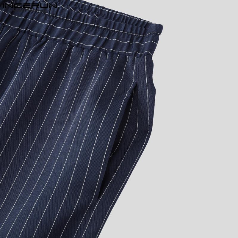 INCERUN 2 ШТ. Мужская рубашка с завязками на шее, с короткими рукавами, длинные прямые брюки, полосатые комплекты